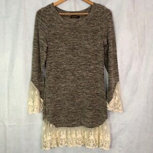 Reborn Lace Brown/Cream Long Sleeve Sweater Tunic Dress Size S